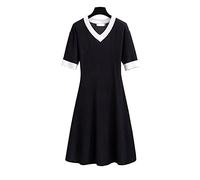 HJUGHPN Abito da donna estivo in seta ghiacciata lavorato a maglia con scollo a V a contrasto nero (7XL)