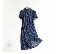 HJUGHPN Abito da donna in denim sottile con colletto morbido jeans da ufficio a maniche corte slim con cintura lunga (M)
