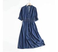 HJUGHPN Abito da donna lungo in denim, a maniche corte, estivo, con volant, stile casual, vita sottile, in cotone (L)
