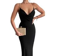 HJUGHPN Abito lungo da donna in raso di metallo, con spalline a catena, schiena scoperta, elegante, senza maniche, sexy, abito lungo streetwear (nero, L)