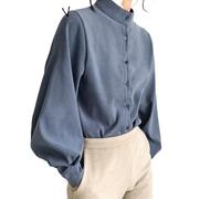 HJUGHPN Camicetta da donna con maniche a lanterna grande, camicia da donna con colletto alto, camicia da lavoro in tinta unita vintage (blu, M)