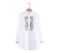 HJUGHPN Camicetta da donna in cotone bianco con ricamo floreale camicia a maniche lunghe camicia ampia basic top da donna (4XL)