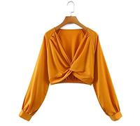 HJUGHPN Camicetta da donna in raso arancione camicetta torsione busto camicia da donna arricciata manica lunga a sbuffo top tunica (S)