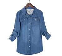 HJUGHPN Camicetta da donna in tinta unita, a maniche lunghe, taglia M, lunga, in denim, aderente, da ufficio, da donna, taglia XXL (62 kg-70 kg)