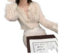 HJUGHPN Camicette da donna bianche traforate cardigan in mohair francese maglione da donna