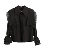 HJUGHPN Camicette da donna Camicette da donna Turn-Down Collar Single Braested Flare Sleeve Pieghe Camicette Allentate Femminili