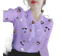 HJUGHPN Camicette da donna stile camicia top da donna a maniche lunghe con scollo a fiocco stampa floreale top (viola, XXL)