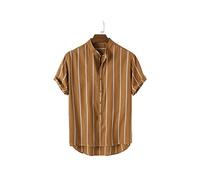 HJUGHPN Camicia da uomo a righe con colletto rialzato, a maniche corte, casual, in cotone e lino, con bottoni, camicia da uomo alla moda estiva (XXL)