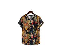 HJUGHPN Camicia da uomo in lino traspirante, maglietta da uomo a maniche corte con stampa floreale, estiva, da spiaggia, casual, taglie forti (M)