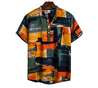 HJUGHPN Camicie da uomo casual in cotone colorato camicia da uomo sciolto lino stampato manica corta estiva con bottoni camicia (L)