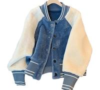 HJUGHPN Cappotti da donna Giacca in pile di agnello corto colore coordinato spesso uniforme da baseball cappotto cardigan autunno inverno tenere caldo (S)