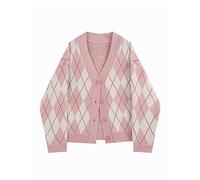 HJUGHPN Cardigan da donna a quadri lavorato a maglia maglione dolce autunno inverno da donna a maniche lunghe moda casual oversize sciolto rosa top