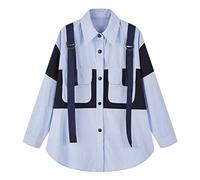 HJUGHPN Cardigan da donna blu a righe con grande tasca impiombata camicetta nuova bavero manica lunga vestibilità ampia camicia moda