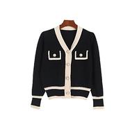 HJUGHPN Cardigan da donna in tweed a contrasto di colore a maniche lunghe lavorato a maglia cardigan autunno donna francese scollo a V perla monopetto sciolto maglione corto (Schwarz)