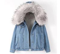 HJUGHPN Giacca da donna Autunno e inverno giacca in denim con cappuccio giacca ispessita design peluche ispessito top termico abbigliamento da donna (grigio, L)