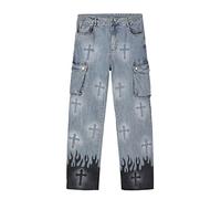 HJUGHPN Harajuku - Jeans da uomo in denim, con stampa incrociata e fiamma, a blocchi di colore, larghi, pantaloni dritti, multitasche, invernali, taglia M