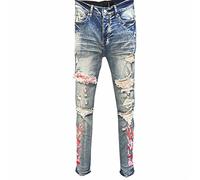 HJUGHPN Jeans da uomo, estivi, streetwear, da moto, alla moda, con stampa a fuoco, slim blu, stile hip hop, vintage, jeans da uomo (32)