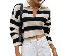 HJUGHPN Maglione da donna autunno e inverno maglione lavorato a maglia da donna colletto polo a righe pullover camicetta
