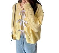 HJUGHPN Maglione da donna, cardigan da donna, con fasciatura, cappotto, a maniche lunghe, crop top, cardigan sciolto
