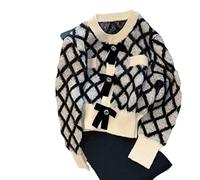 HJUGHPN Maglione da donna cardigan da donna maglione scozzese con diamanti primavera e autunno giacca corta lavorata a maglia girocollo elegante con bottoni con fiocco
