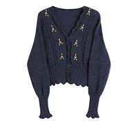 HJUGHPN Maglione da donna cardigan moda scollo a V fiori ricamo cardigan manica lunga monopetto tinta unita bottoni maglioni lavorati a maglia (blu)