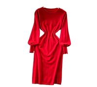 HJUGHPN Maglione da donna con maniche a lanterna, vestito da donna lavorato a maglia, con scollo rotondo, abito lungo slim