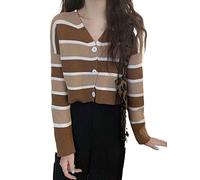 HJUGHPN Maglione da donna con scollo a V autunnale cardigan lavorato a maglia a righe con bottoni maglione a maniche lunghe cappotto sottile da donna