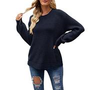 HJUGHPN Maglione da donna con scollo rotondo a maniche lunghe, tinta unita, vestibilità larga, lavorato a maglia (nero, S)