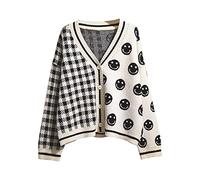 HJUGHPN Maglione da donna in tweed nero a maniche lunghe giacca maglione per scollo a V bordo sfrangiato sciolto cardigan lavorato a maglia donna