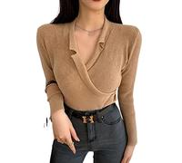 HJUGHPN Maglione da donna lavorato a maglia, maglietta da donna con scollo a V incrociato, manica lunga, top body shirt