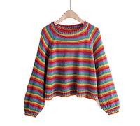 HJUGHPN Maglione Donna Donna Manica Lunga Colorato A Righe Arcobaleno Maglione Ritagliato Maglione Maglieria Ragazza Pullover Lavorato A Maglia Maglioni Crop Top
