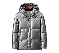 HJUGHPN Piumino da uomo invernale da uomo con cappuccio Eiderdown Giacca da uomo Tuta tinta unita PU Cappotto Coppie Senior Eiderdown Cappotto (argento, XXL)