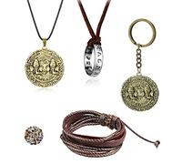 HJYZY 29 pezzi Uncharted 4 Drake Gioielli Anello Ciondolo Collana con Teschio Inciso Moneta d'Oro Ciondolo Collana Portachiavi Set di Adesivi in Pelle Marrone, Zinco