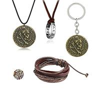 HJYZY 29 pezzi Uncharted 4 gioielli Drake inciso teschio bronzo moneta ciondolo collana portachiavi adesivo set anello ciondolo collana in pelle marrone bracciale uomo, Zinco