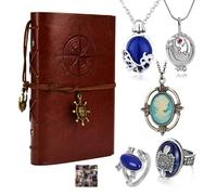 HJYZY Set di gioielli vampiro in pelle, diario di scrittura, taccuino Elena Gilbert, apertura verbena medaglione collana con anello famiglia di Damon con adesivi cinematografici, 16 pezzi, Metallo,