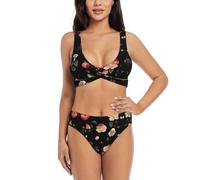 HKHLHLH Autunno Bella Floreale Elegante Donna Bikini Set con Criss Cross Front e U Back Design per Estate Spiaggia Vacanze, Nero , L