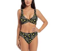 HKHLHLH Divertente set bikini elegante da donna con racchette da tennis e palline da tennis, con incrocio frontale e design a U sul retro, per vacanze estive al mare, Nero , L