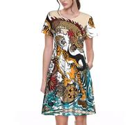 HKHLHLH Dragon and Tiger - Abito da donna a maniche corte con tasche, gonna estiva morbida a trapezio, vita elastica e fluida, abito casual, Nero , L