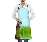 HKHLHLH Grembiule da cucina unisex con coniglietto sull'erba verde, grembiule stampato alla moda con grande tasca, lavabile in lavatrice, per cuocere al forno, disegno, barbecue