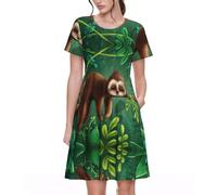 HKHLHLH Simpatico bradipo rilassante sull'albero della giungla stampato abito a maniche corte da donna con tasche, gonna estiva morbida a trapezio, abito casual fluido in vita elastica, Nero , 3XL