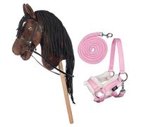 HKM Kids Hobby Horse, marrone, con cavezza e corda di guida in rosa, cavallo a bastone per bambini, giocattolo di cavalli