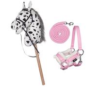 HKM Kids Hobby Horse, Pinto con cavezza e corda di guida in rosa, cavallo a bastone per bambini, giocattolo cavalli