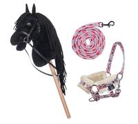 HKM Kids Hobby Horse, Rappe, nero, con cavezza e maglia di guida in rosa con motivo floreale, per bambini, giocattolo per cavalli