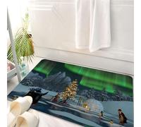 HKPOEQ Tappeto Bagno 50 x 80 cm,Tappetino in Microfibra, Tappeti Assorbente Antiscivolo,Aurora boreale, pinguini su un lago ghiacciato con albero di Natale del circolo polar,Soffice Tappetini Doccia