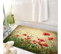HKPOEQ Tappeto Bagno 50 x 80 cm,Tappetino in Microfibra, Tappeti Assorbente Antiscivolo,Campo di papaveri rossi retrò, fiori di papavero rosso brillante su tutto il paesaggi,Soffice Tappetini Doccia