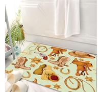 HKPOEQ Tappeto Bagno 50 x 80 cm,Tappetino in Microfibra, Tappeti Assorbente Antiscivolo,Decorazione Western, motivo senza cuciture con cowboy del selvaggio West, sella per c,Soffice Tappetini Doccia