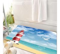 HKPOEQ Tappeto Bagno 50 x 80 cm,Tappetino in Microfibra, Tappeti Assorbente Antiscivolo,Faro realistico sulla spiaggia con gabbiani e oceano sullo sfondo illustrazione vetto,Soffice Tappetini Doccia
