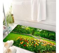 HKPOEQ Tappeto Bagno 50 x 80 cm,Tappetino in Microfibra, Tappeti Assorbente Antiscivolo,fiore casa di campagna, giardino con tulipani e alberi primavera a Keukenhof Paesi Ba,Soffice Tappetini Doccia