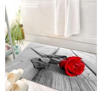HKPOEQ Tappeto Bagno 50 x 80 cm,Tappetino in Microfibra, Tappeti Assorbente Antiscivolo,Fiore di rosa rossa su pavimento in legno grigio Legno Romanticismo Amore Romantico,Soffice Tappetini Doccia