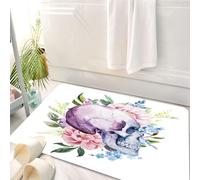 HKPOEQ Tappeto Bagno 50 x 80 cm,Tappetino in Microfibra, Tappeti Assorbente Antiscivolo,il teschio è circondato da fiori e foglie, opera d'arte di teschi, povertà, blu e gia,Soffice Tappetini Doccia